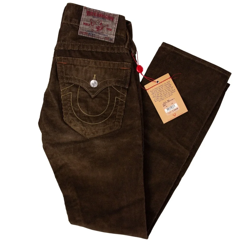 NWT‎ True Religion Ricky Straight Mens 28x34 Brown Corduroy Pants Flap Pockets